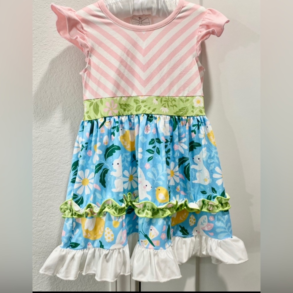 Rylee Faith Designs Pink Chevron Green Blue Floral Ruffled Easter Bunny Dress S